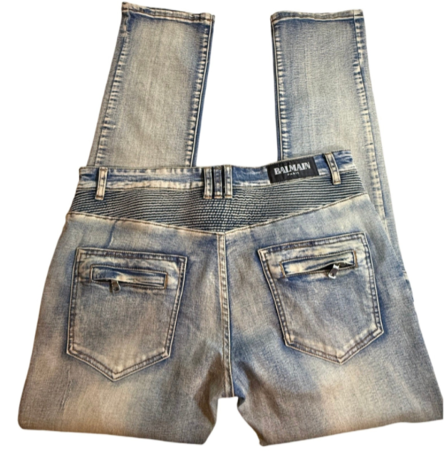 Balmain Paris Light Wash Blue Biker Moto Jeans - Men's Size 34x34