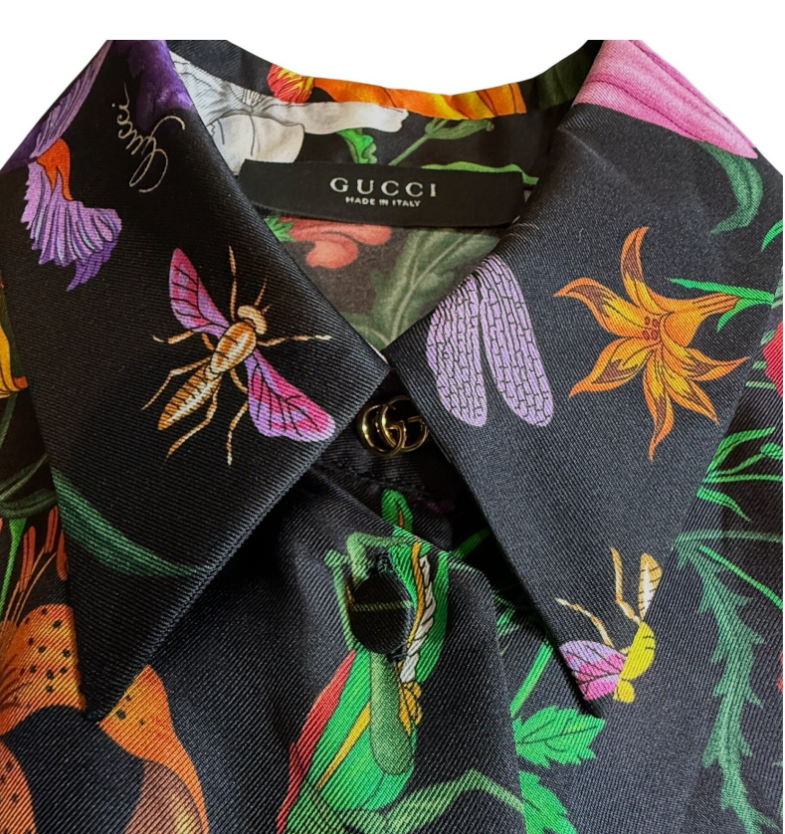 NWT Gucci Black Flora Print Silk Twill Button-Down Shirt (IT 42)