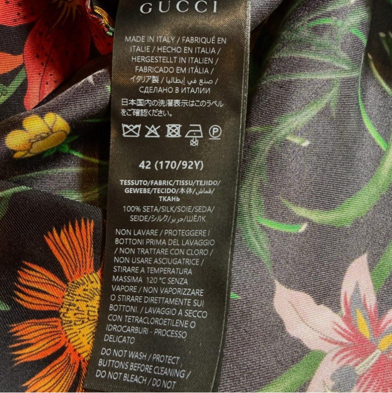 NWT Gucci Black Flora Print Silk Twill Button-Down Shirt (IT 42)