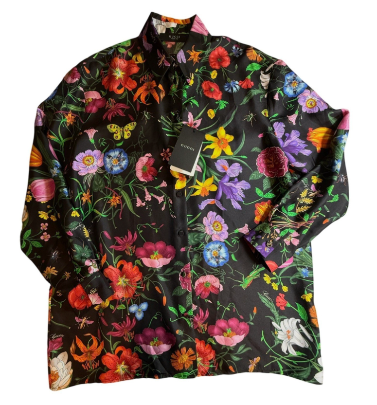 NWT Gucci Black Flora Print Silk Twill Button-Down Shirt (IT 42)