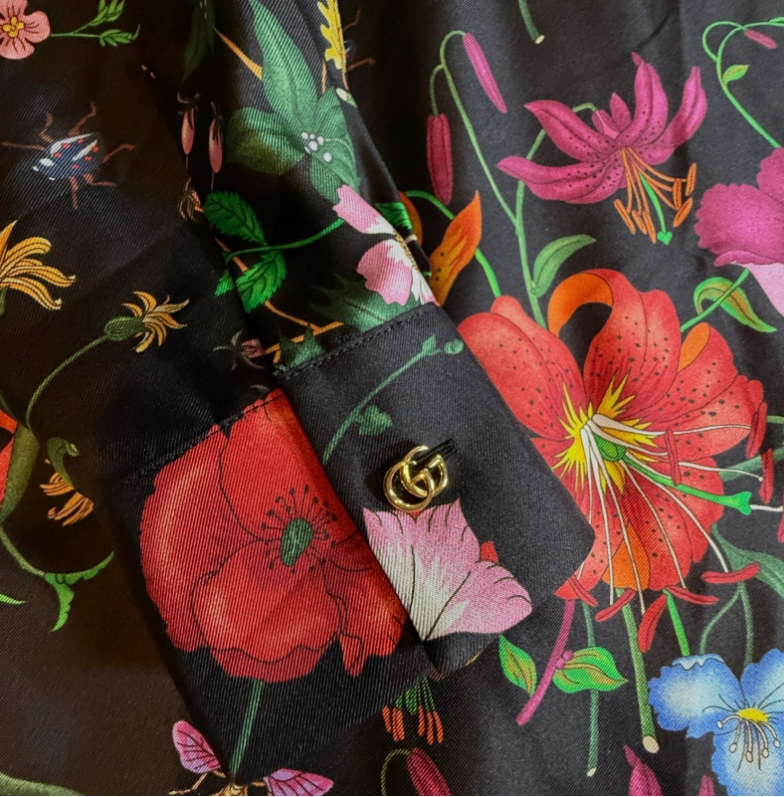 NWT Gucci Black Flora Print Silk Twill Button-Down Shirt (IT 42)