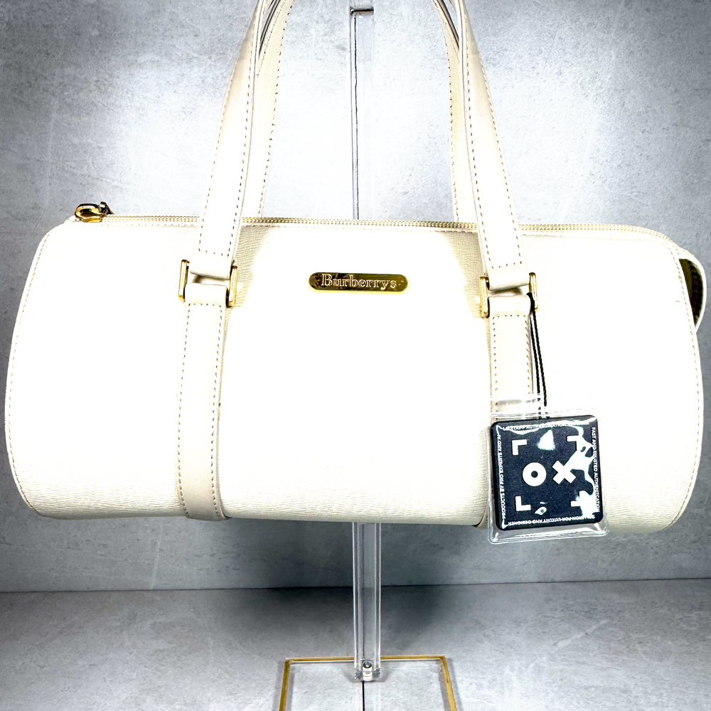 Vintage Burberrys Cream Leather Barrel Bag – 90s Top Handle Cylinder Purse