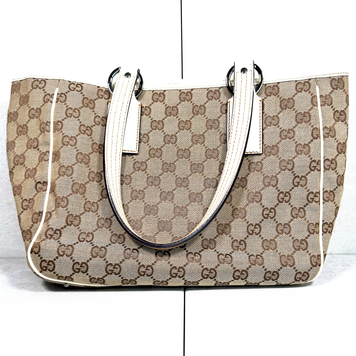 Vintage Gucci GG Canvas Shoulder Tote Bag – Off-White Leather Trim