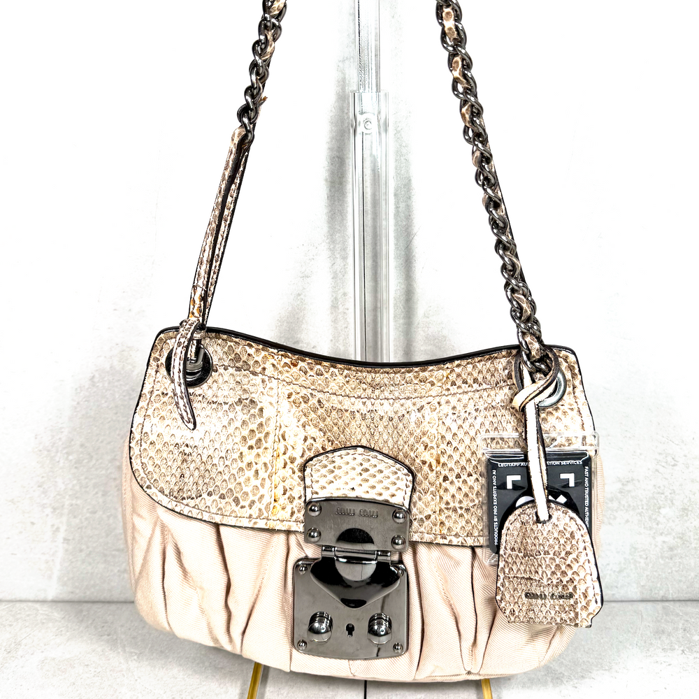 Vintage Miu Miu Ruched Canvas & Python Snake Trim Push-Lock Shoulder Bag
