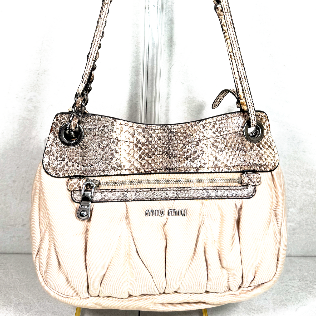 Vintage Miu Miu Ruched Canvas & Python Snake Trim Push-Lock Shoulder Bag