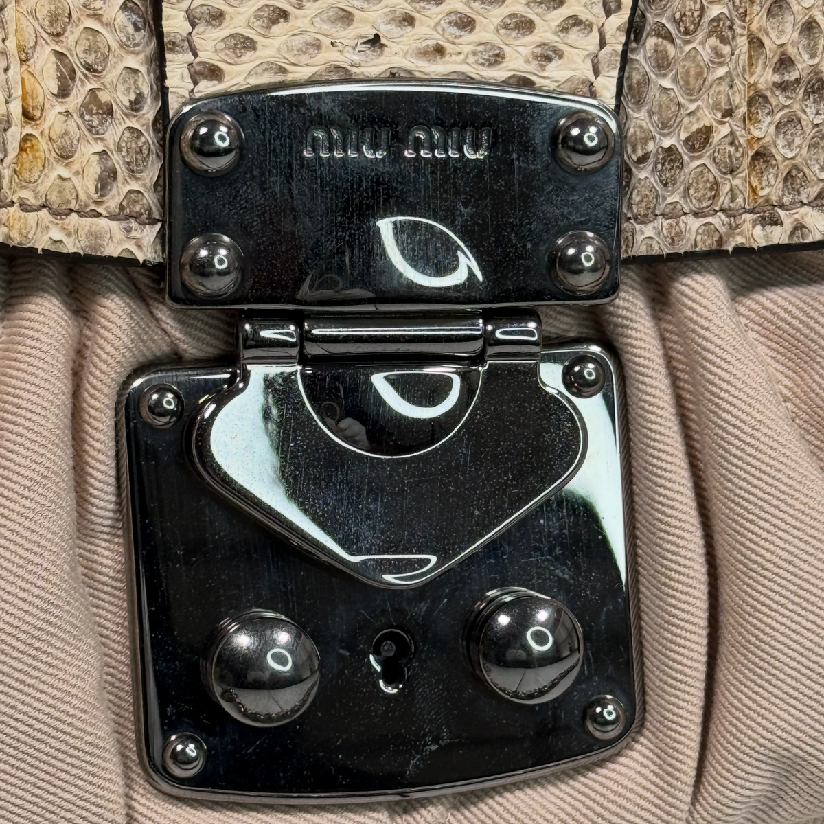 Vintage Miu Miu Ruched Canvas & Python Snake Trim Push-Lock Shoulder Bag
