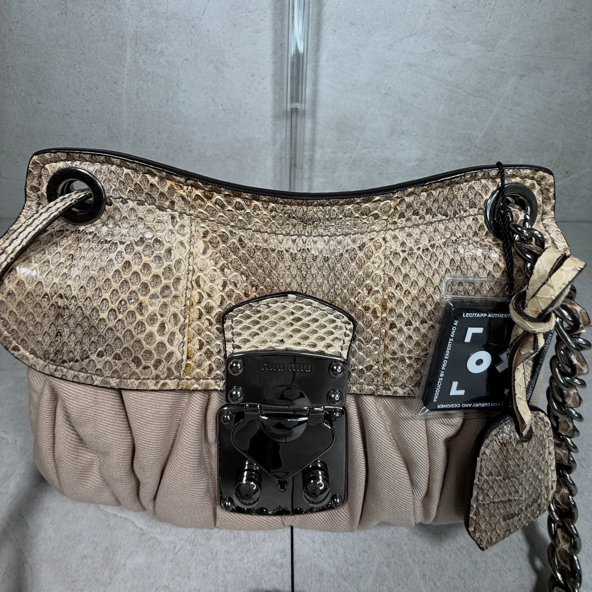 Vintage Miu Miu Ruched Canvas & Python Snake Trim Push-Lock Shoulder Bag