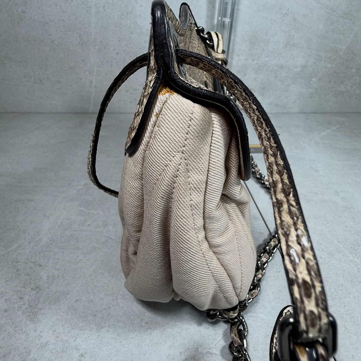 Vintage Miu Miu Ruched Canvas & Python Snake Trim Push-Lock Shoulder Bag