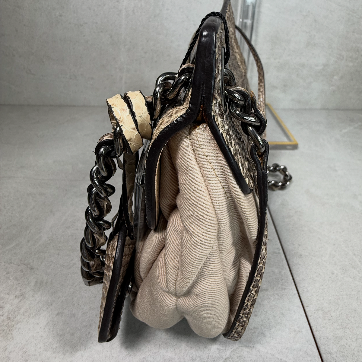 Vintage Miu Miu Ruched Canvas & Python Snake Trim Push-Lock Shoulder Bag