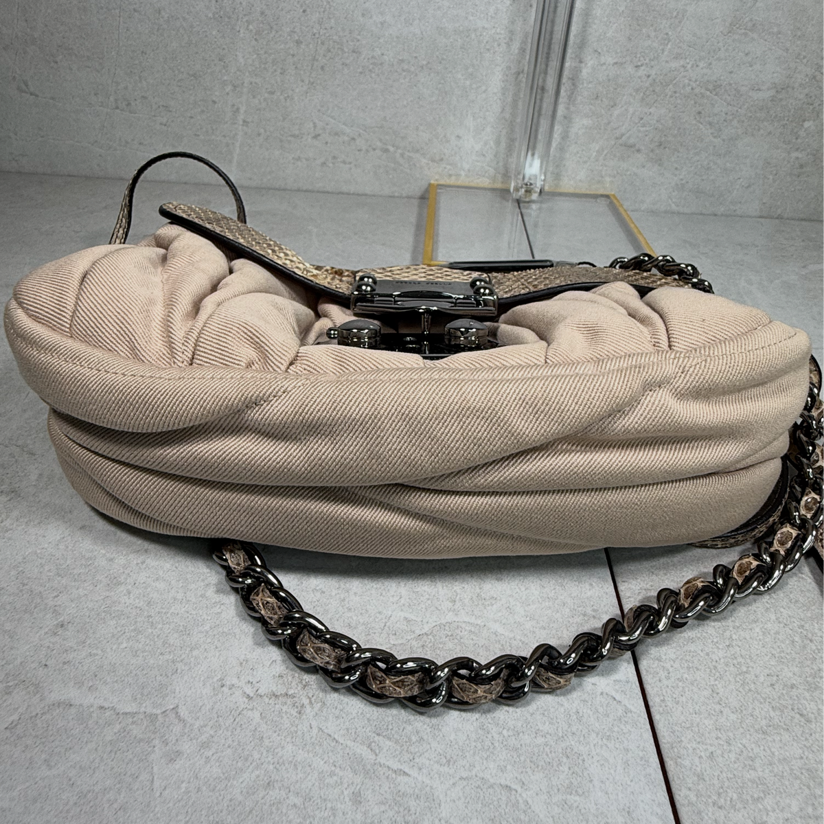 Vintage Miu Miu Ruched Canvas & Python Snake Trim Push-Lock Shoulder Bag