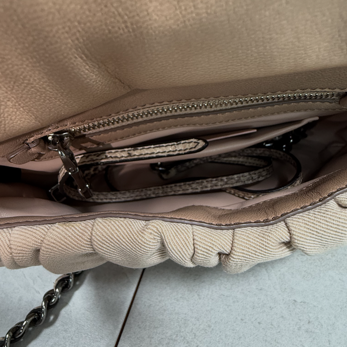 Vintage Miu Miu Ruched Canvas & Python Snake Trim Push-Lock Shoulder Bag