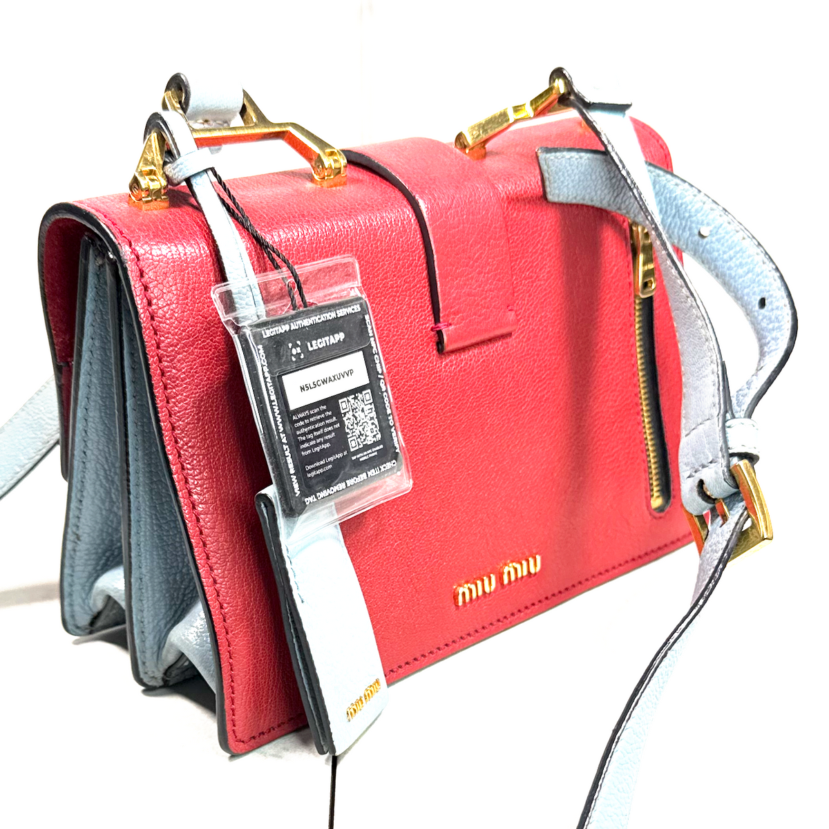 Miu Miu Red & Light Blue Madras Leather Flap Shoulder Bag