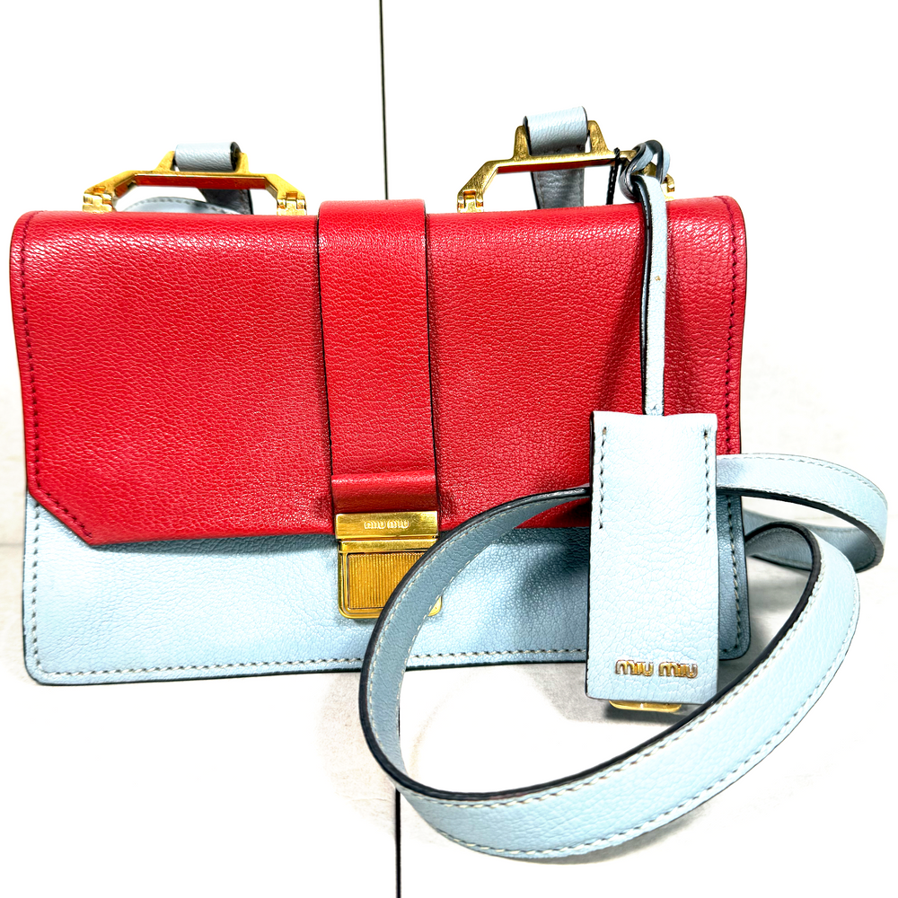 Miu Miu Red & Light Blue Madras Leather Flap Shoulder Bag
