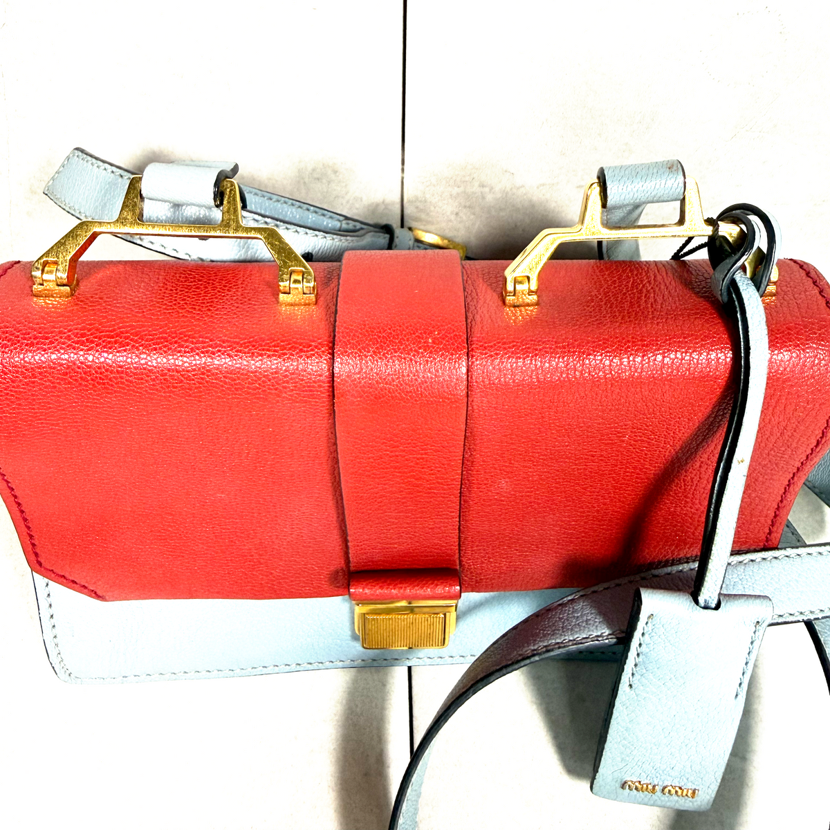 Miu Miu Red & Light Blue Madras Leather Flap Shoulder Bag