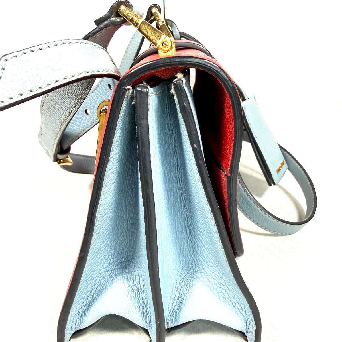 Miu Miu Red & Light Blue Madras Leather Flap Shoulder Bag