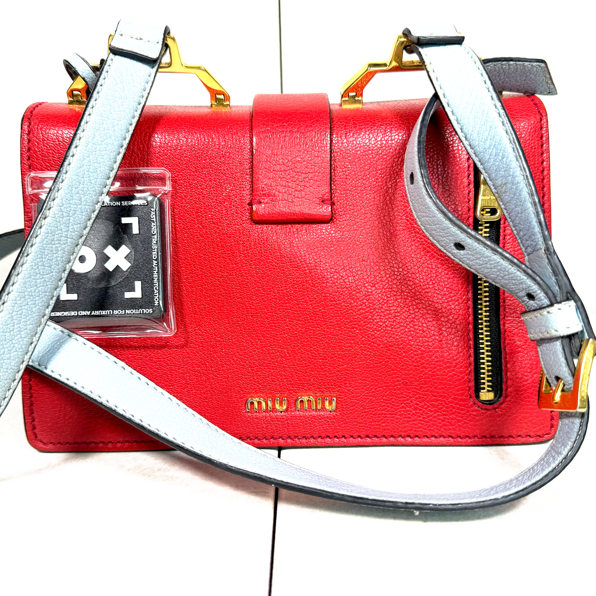 Miu Miu Red & Light Blue Madras Leather Flap Shoulder Bag