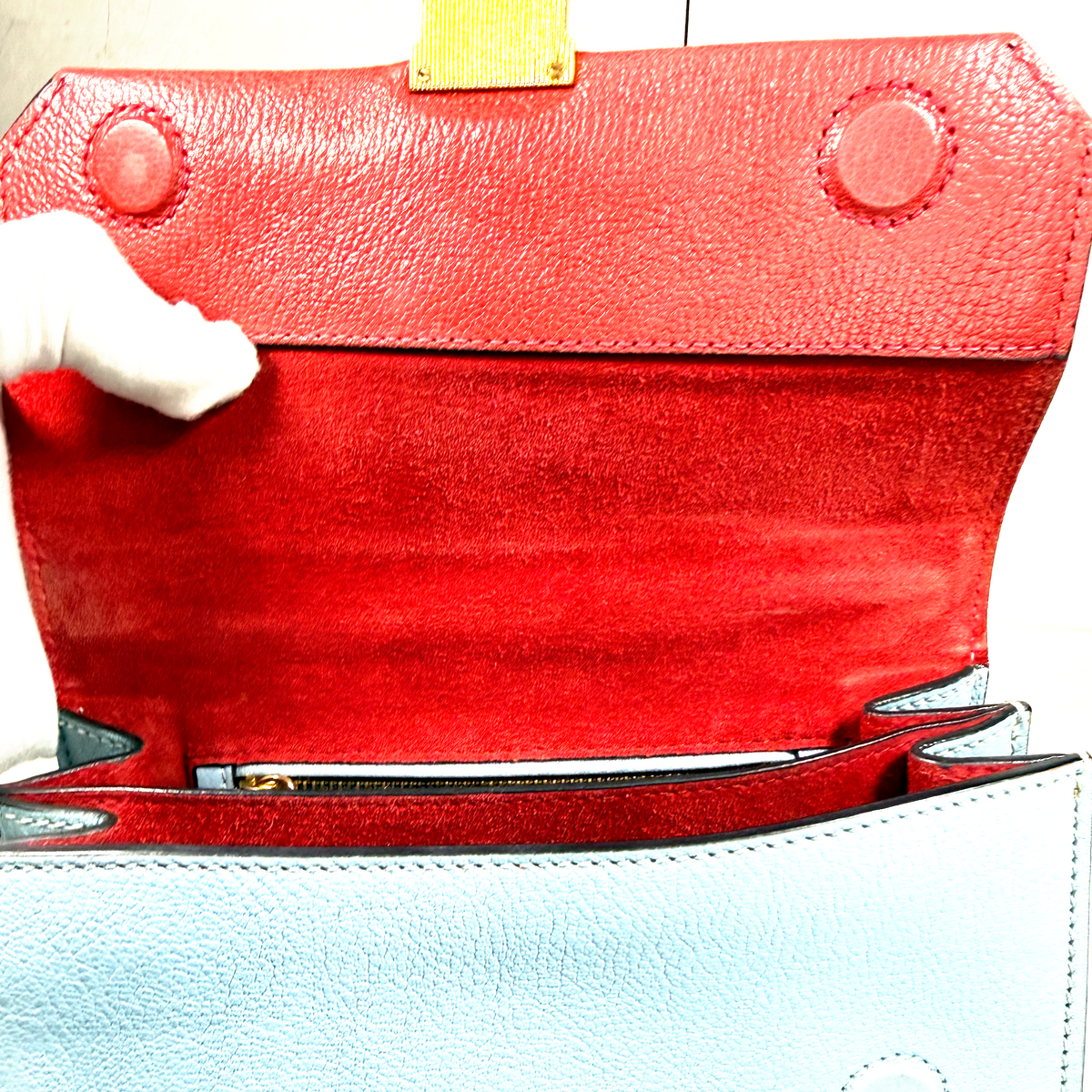 Miu Miu Red & Light Blue Madras Leather Flap Shoulder Bag