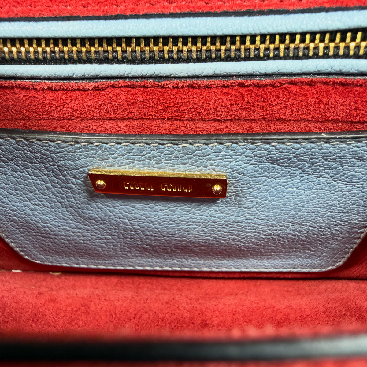 Miu Miu Red & Light Blue Madras Leather Flap Shoulder Bag