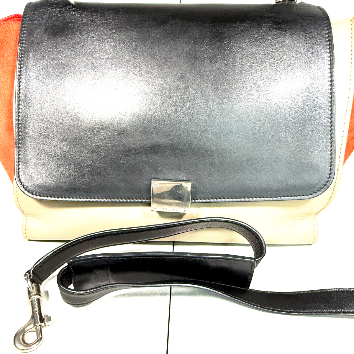 Phoebe Philo Old Céline Tri-Color Trapeze Bag – Black, Taupe & Red Suede