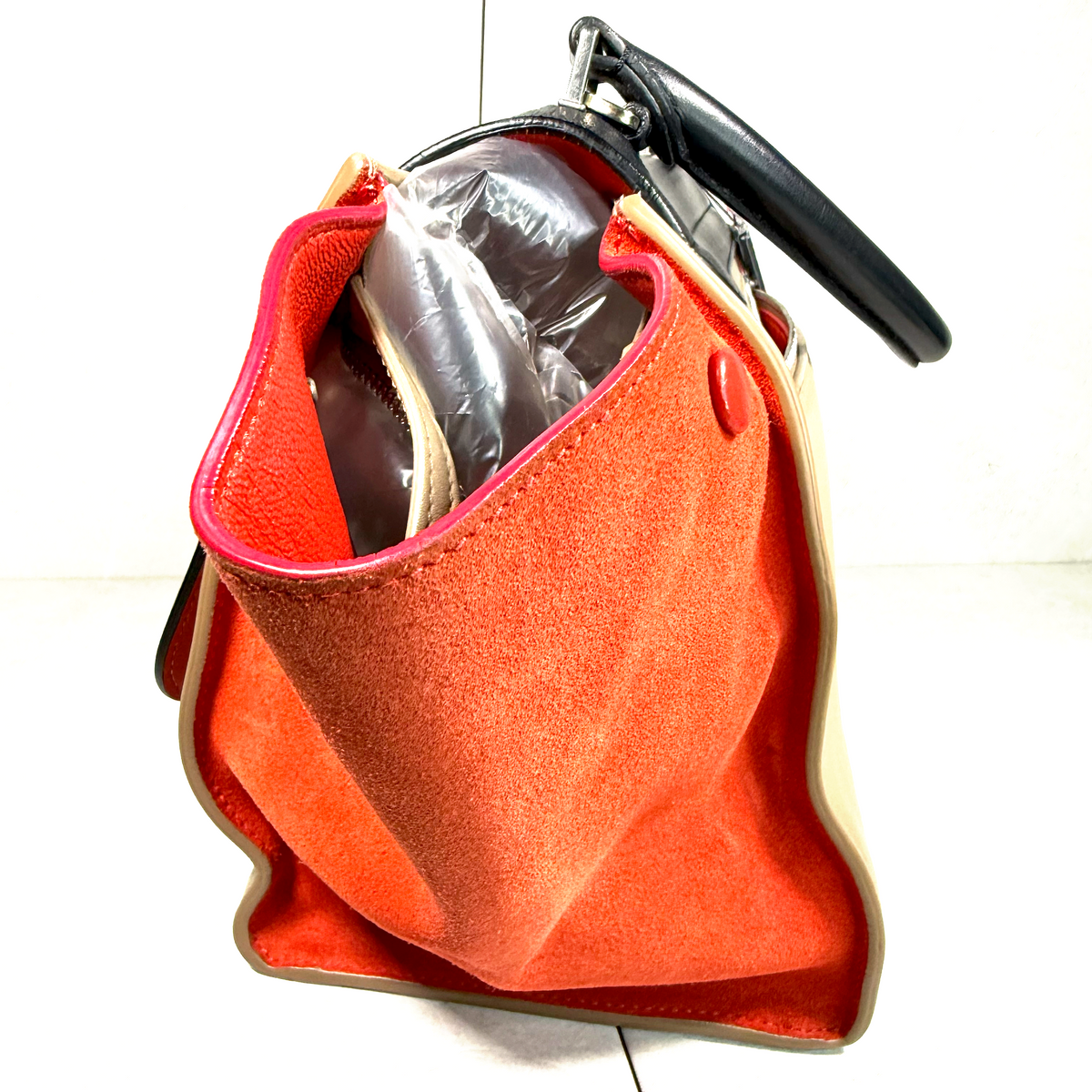Phoebe Philo Old Céline Tri-Color Trapeze Bag – Black, Taupe & Red Suede