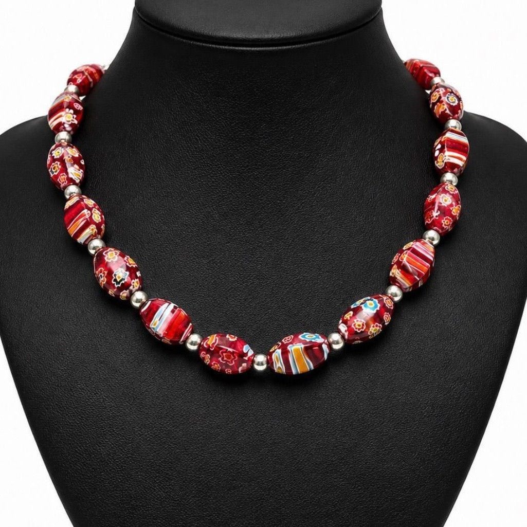 Vintage Murano Millefiori Glass Bead Necklace 925 Sterling Silver (14")