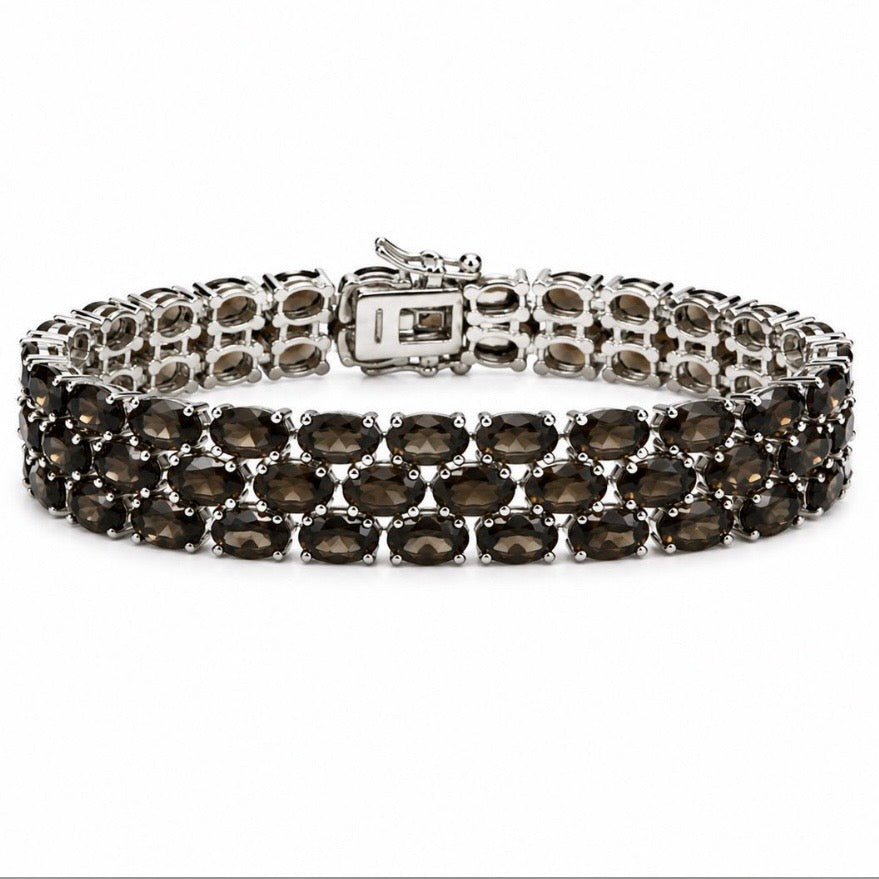 Vintage 925 Sterling Silver 3-Row Smokey Quartz Tennis Bracelet (6.75")