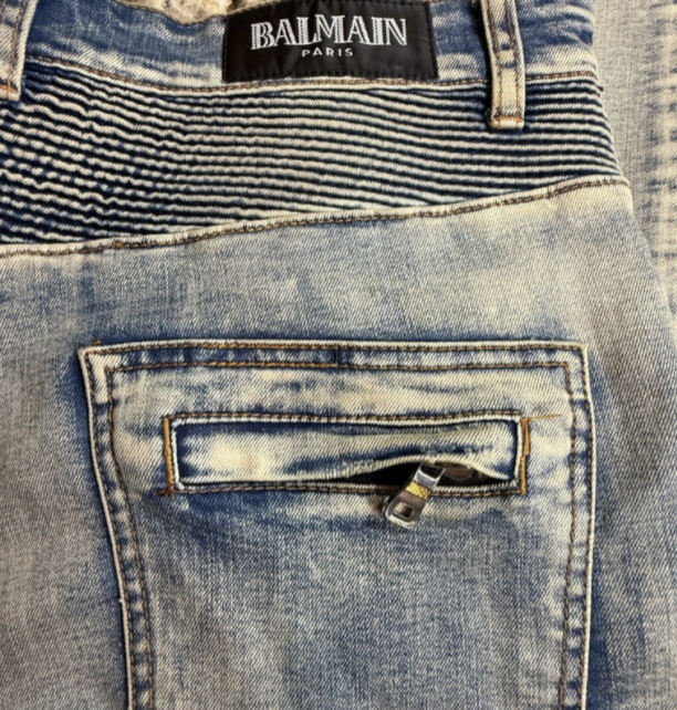 Balmain Paris Light Wash Blue Biker Moto Jeans - Men's Size 34x34