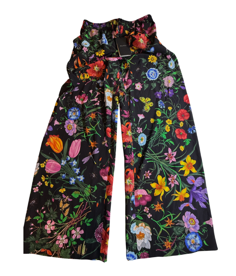 NWT Gucci Black Flora Print Wide-Leg Silk Pants (IT 38)