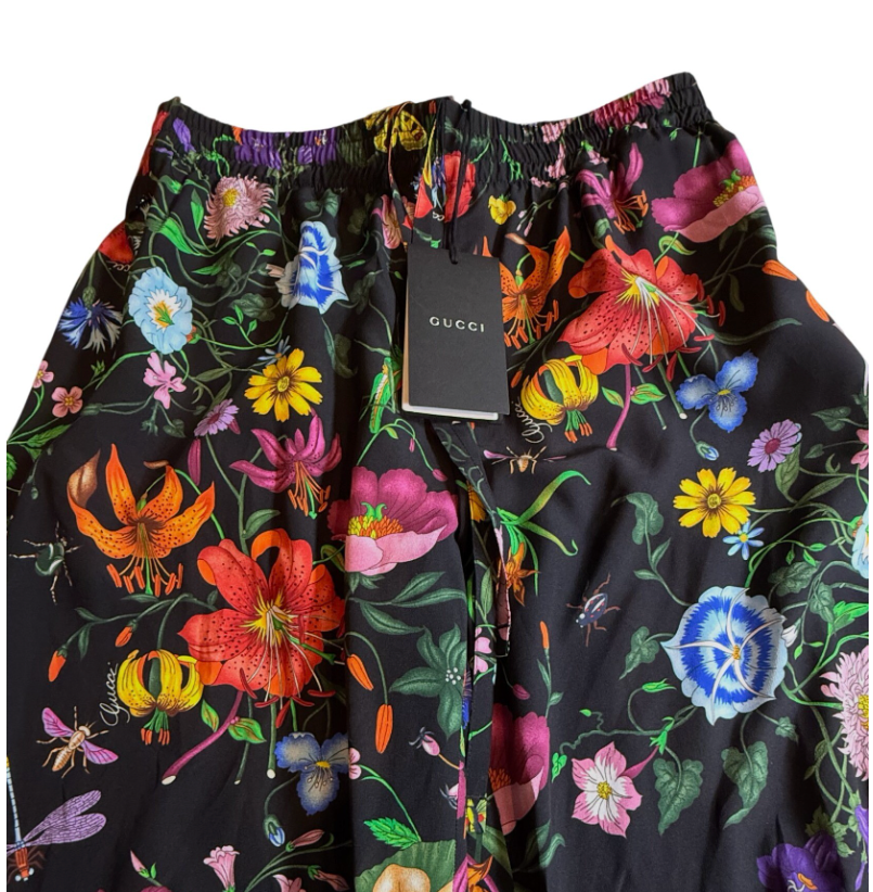 NWT Gucci Black Flora Print Wide-Leg Silk Pants (IT 38)